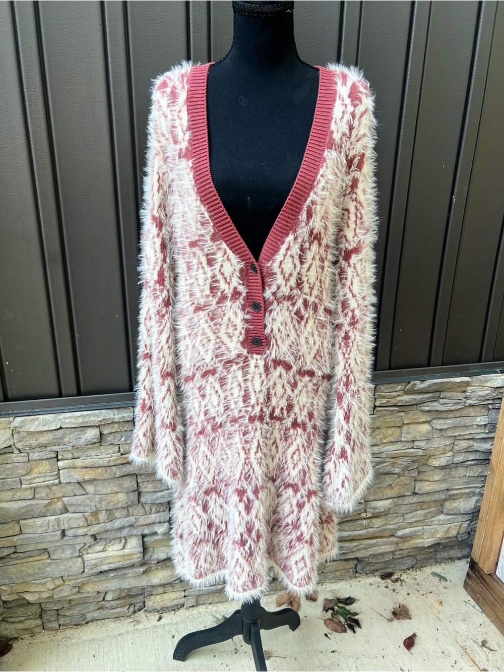 Free People Fuzzy Cream & Dusty Rose Fuzzy V-Neck Dress sz L